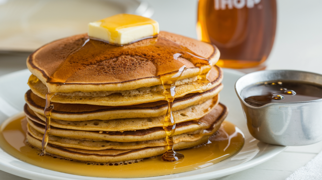 a stack of pancakes with butter and syrup on top